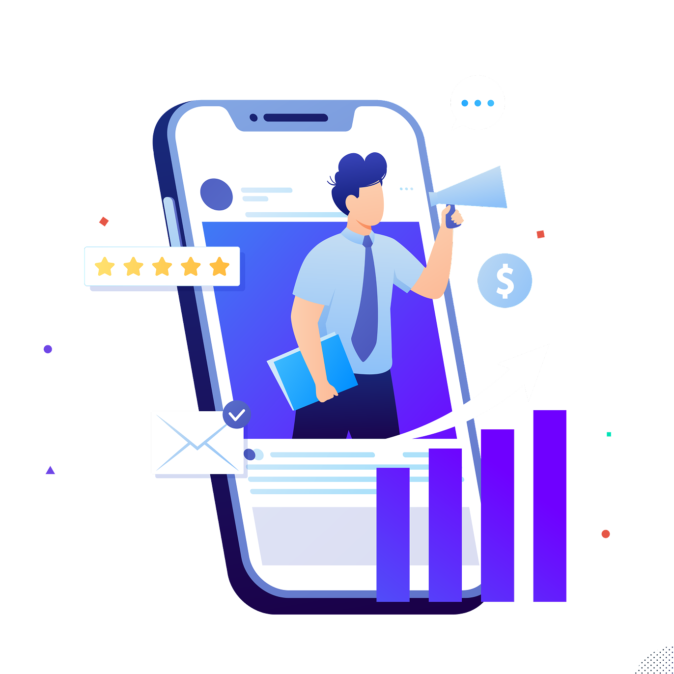 Ilustracion de persona en un telefono dando anuncios